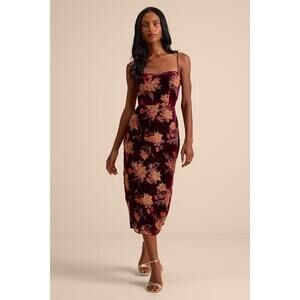 Lulus Erisa Burgundy Velvet Floral Burnout Midi Dress Red - Size S
